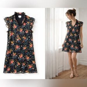 Madewell No.6 Silk Floral Mini Dress Black Size 8 Ruffle Cottagecore Prairie Art